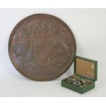 Copper plate with coat of arms of Mauritius, dated 1914 (diameter 33cm). With various colonial