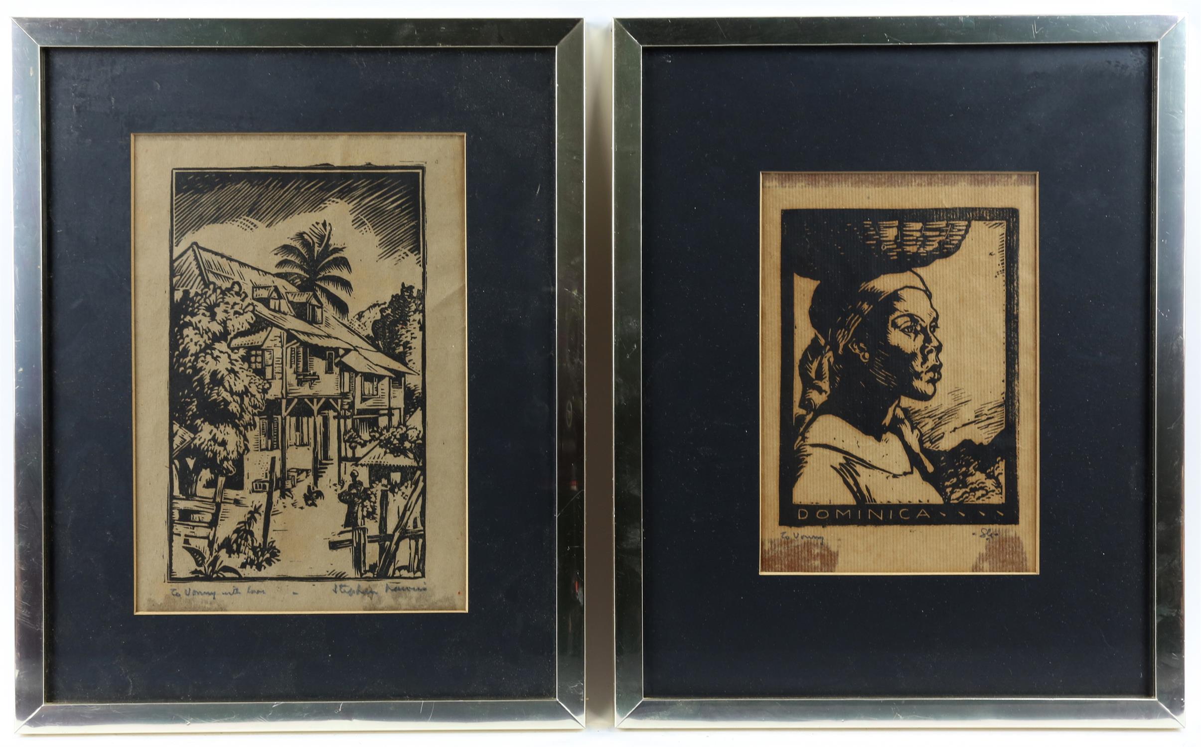 Pair of framed and glazed prints, depicting a woman and a street scene. Signed indistinctly in