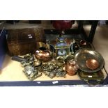 Modern Chinese made cloisonné mantel clock, sewing box, brass tray, oil lamp and other brass and