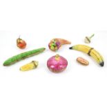 Eight French Dubarry enamelled novelty boxes in the form of fruits and vegetables to include bean,