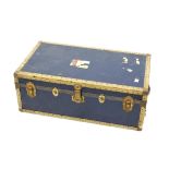 Vintage wood bound travelling trunk, bearing sticker for Cunard White Star, h35cm w92cm d51cm