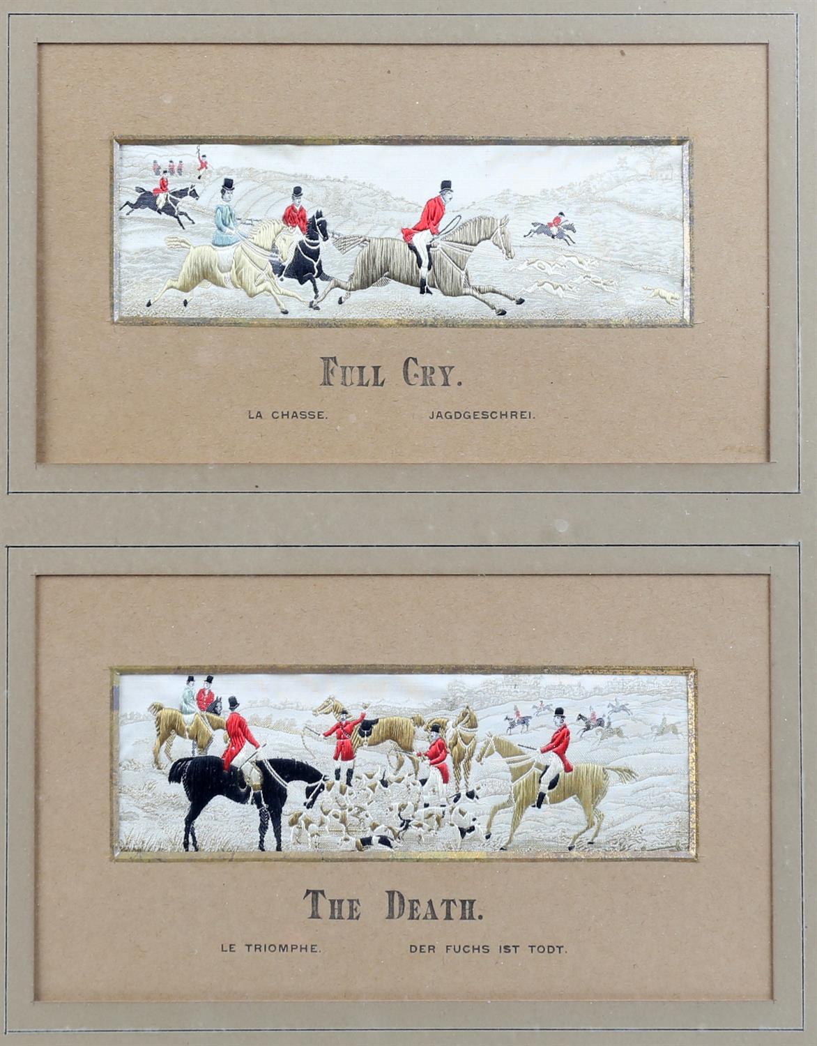 Set of four French embroidered hunting images, with captions. Framed and glazed as a set. - Image 3 of 3