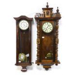 20th century mahogany Vienna Regulator style wall clock, dial with Roman numerals,