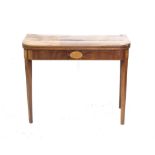 19th century mahogany foldover card table with marquetry inlay, on square tapered supports,