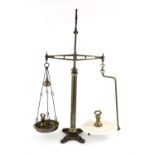 Large brass scales with seven graduating Librasco weights and porcelain plate, h89cm