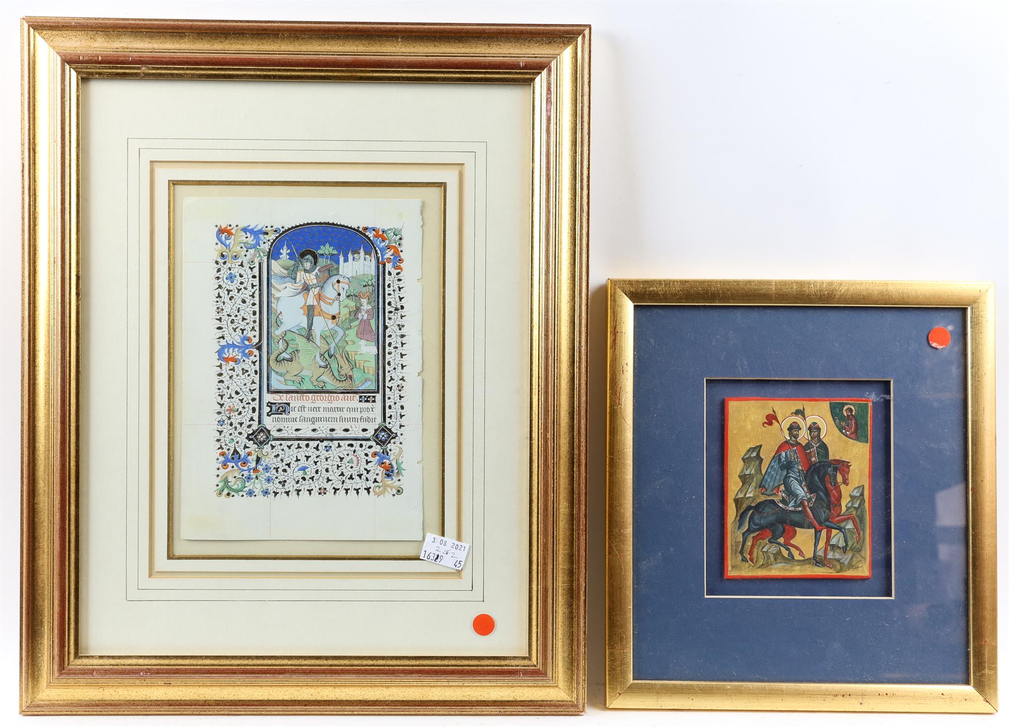 Two coloured prints, St George and the Dragon and another depicting two Knights on horseback.(2)