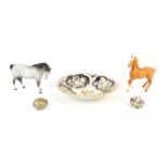 Collection of china and glassware to include two Beswick horses, Dresden floral decorated dish,