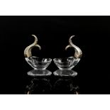 Novelty pair of 835 grade silver and glass salts in the form of fish tails