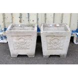 Pair of reconstituted stone square planters with rose decoration, h36.5cm w37cm d37cm