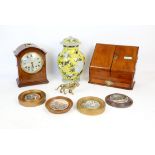 Mahogany stationery box, wall bracket with tiles, early 20th century mantel clock,