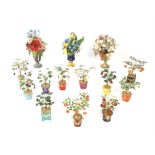 Small collection of metal and enamelled ornamental miniature plants in pots, by 'FM', (14),