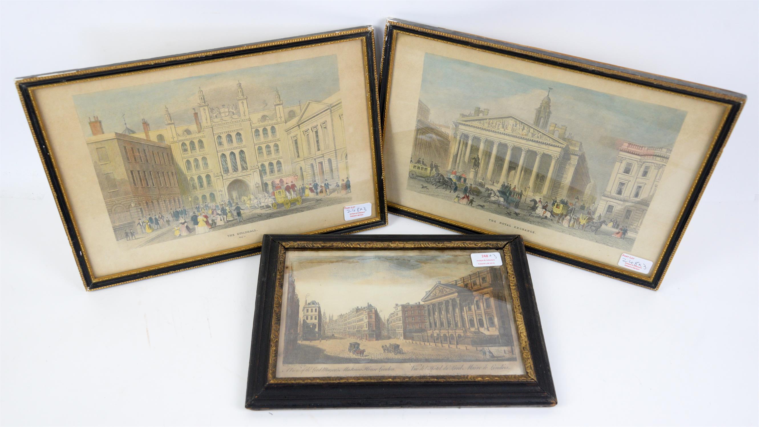 Pair of framed hand-coloured prints depicting the Royal Exchange and the Guildhall, London,