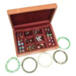 Jewellery box , containing a tigers eye bracelet, nephrite bangle, several pairs of screw back