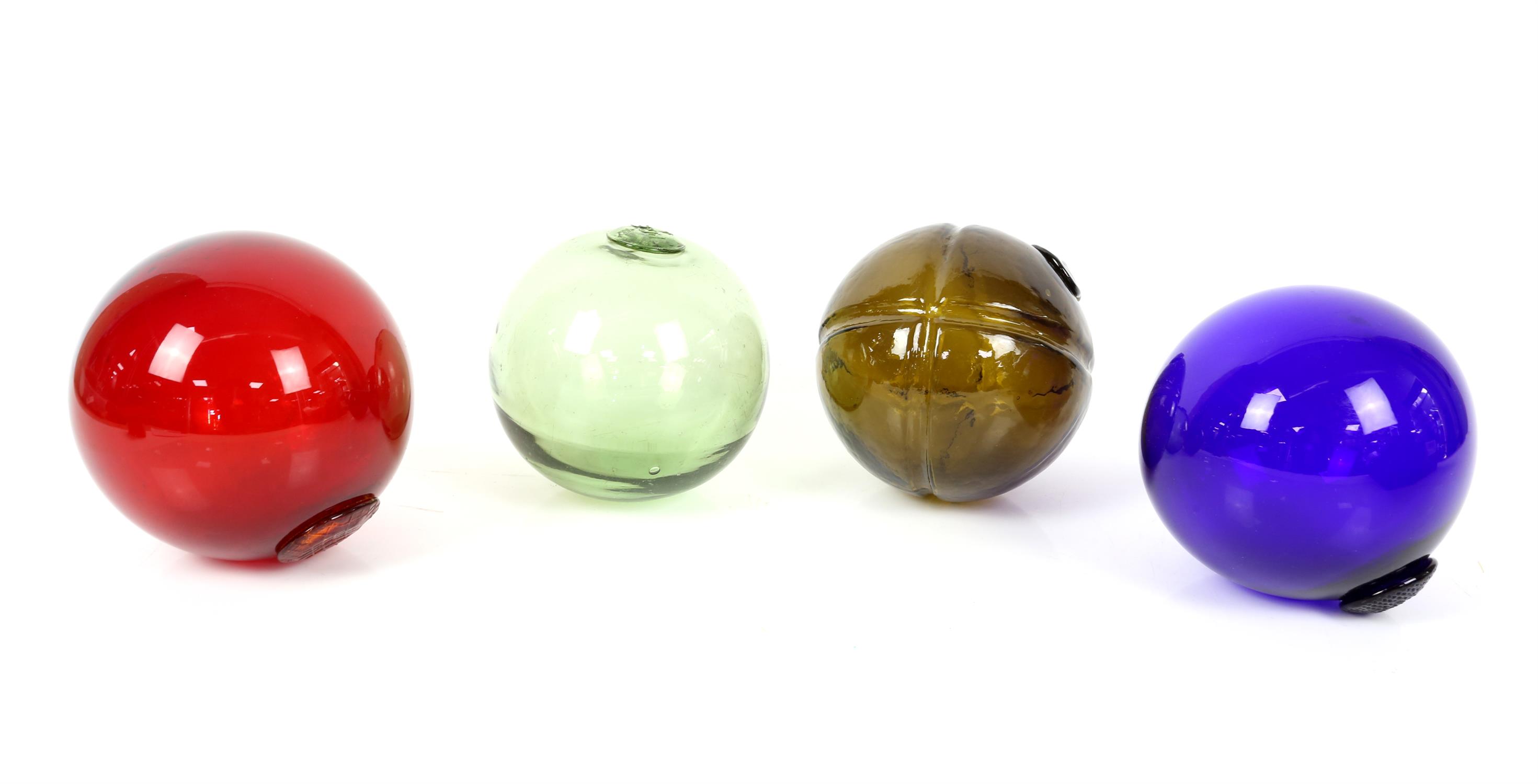 4 coloured glass fishing floats approx diameter 14cm, table top two drawer cabinet 23.5cm h and 14.
