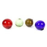 4 coloured glass fishing floats approx diameter 14cm, table top two drawer cabinet 23.5cm h and 14.