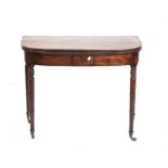 19th century mahogany foldover tea table, on turned supports and castors, H73 x W91 x D45cm