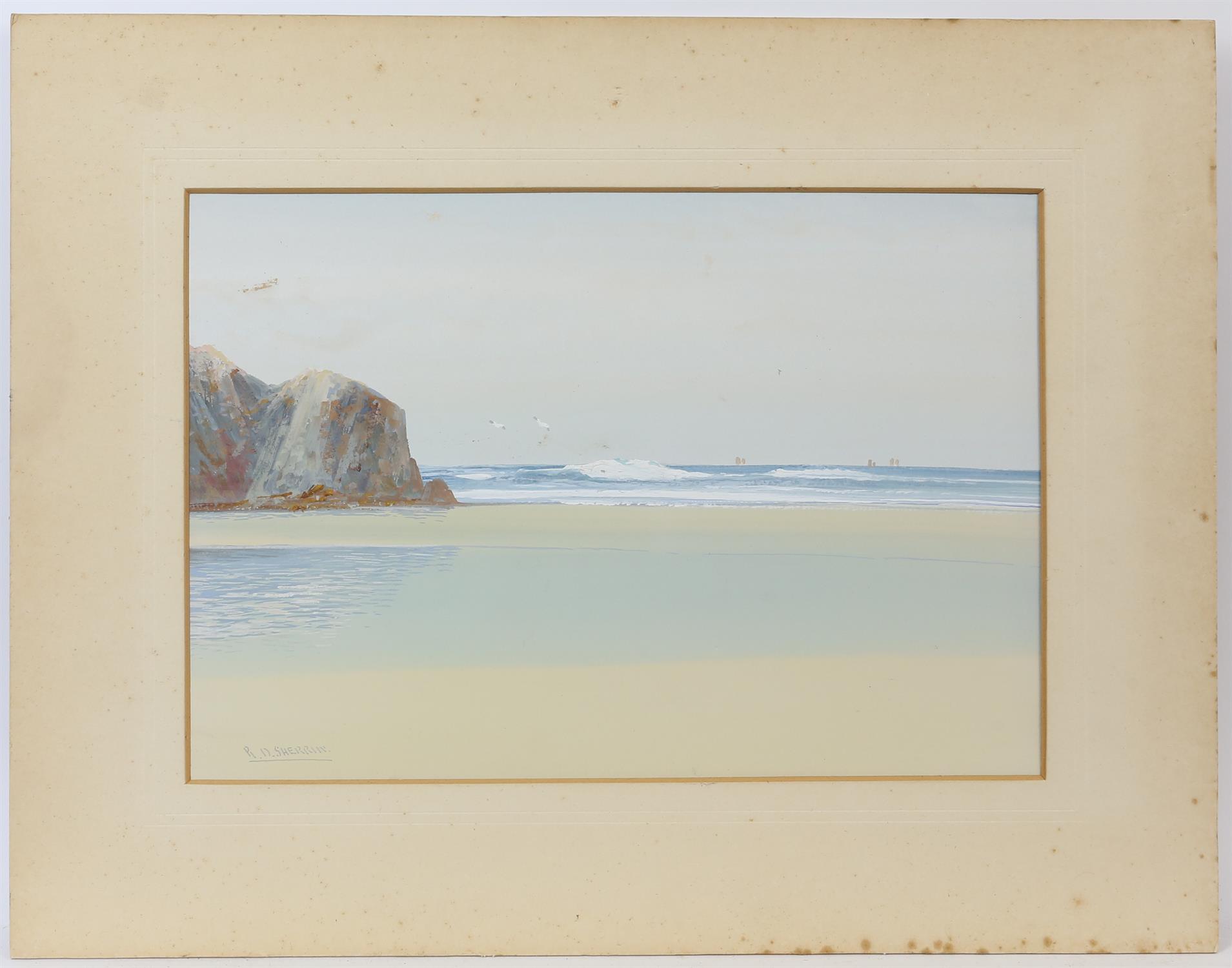 R. D. Sherrin, seaside landscape. Watercolour. Signed lower left. Image size 25 x 36cm.