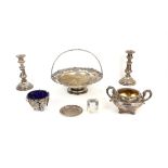 Collection of silver plated wares to include a set of four candlesticks, two coasters and other