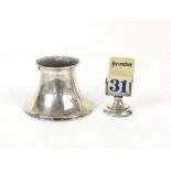 Large silver capston form inkwell with pique inlaid tortoiseshell lid hinge AF London 1918 and a