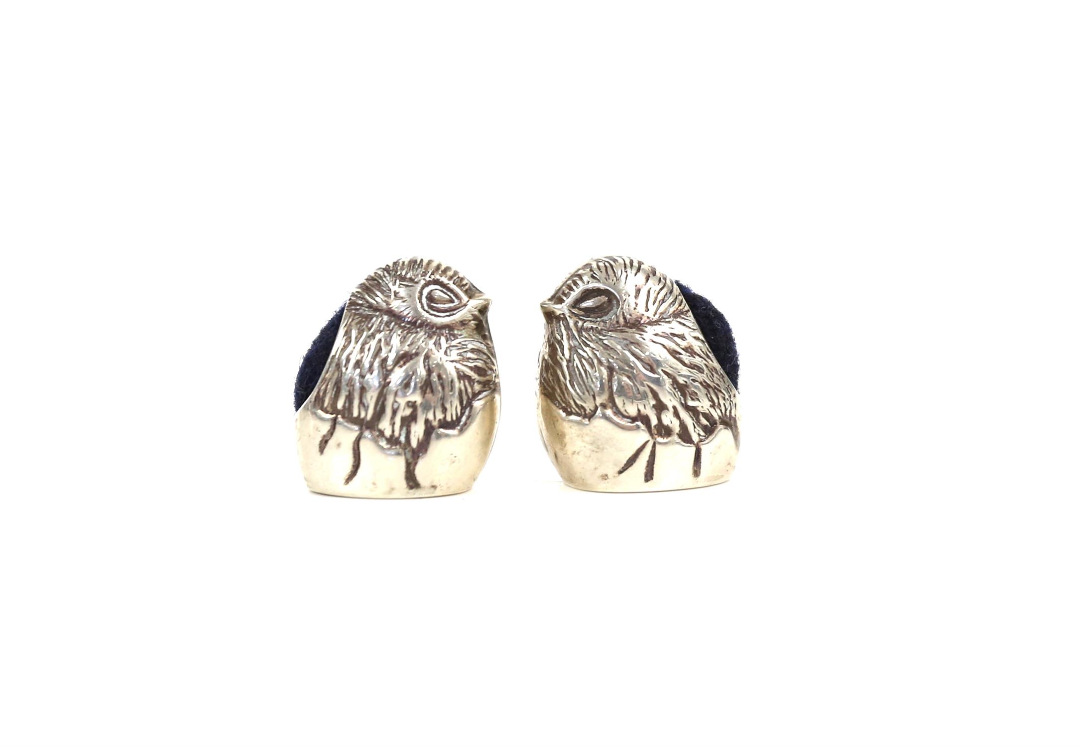 Novelty pair or hatching chick silver pin cushions