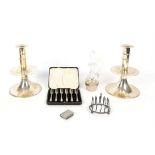 Silver toast rack and forks, along with ecclesiastical silver plated candle holders by WF Knight of