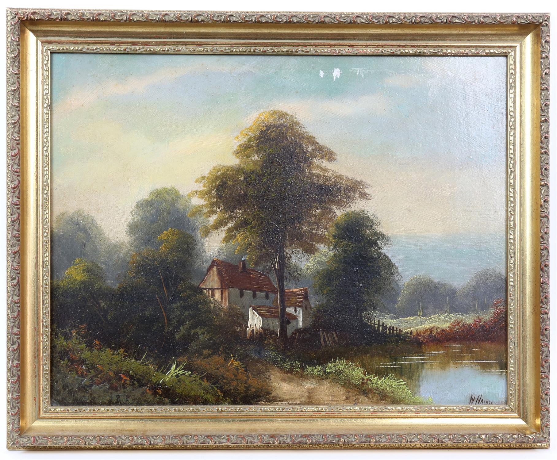 W Haines (19th/20th century). Cottage beneath trees, Oil on board signed lower right. 52 x 44cm.