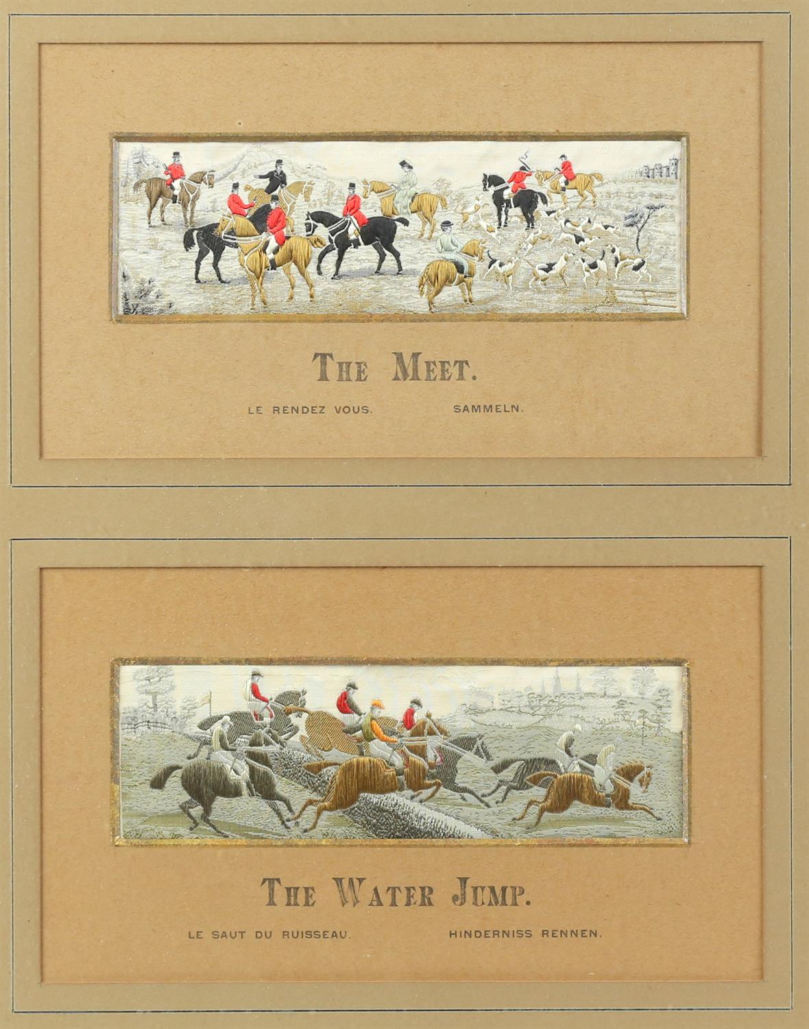 Set of four French embroidered hunting images, with captions. Framed and glazed as a set. - Image 2 of 3