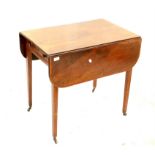 19th century mahogany Pembroke table, single drawer on square tapering supports and castors,