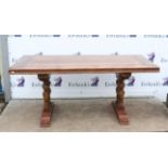 Early 20th century mahogany refectory table on twin-end supports to stretcher H78cm W 180cm d 90cm
