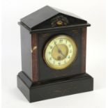 Late 19th century black slate and marble mantel clock of architectural form, the enamel chapter