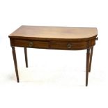 19th century mahogany side table, with two drawers on reeded tapering legs, h80cm w122.5cm d55.5cm