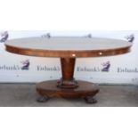 19th century rosewood oval breakfast table, on pedestal support and oval base with lions' paw feet