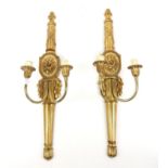 Pair of Regency style giltwood two lights wall sconces, h67cm