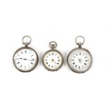 Three silver fob watches, two English hallmarked and one Swiss 935 grade hallmarked