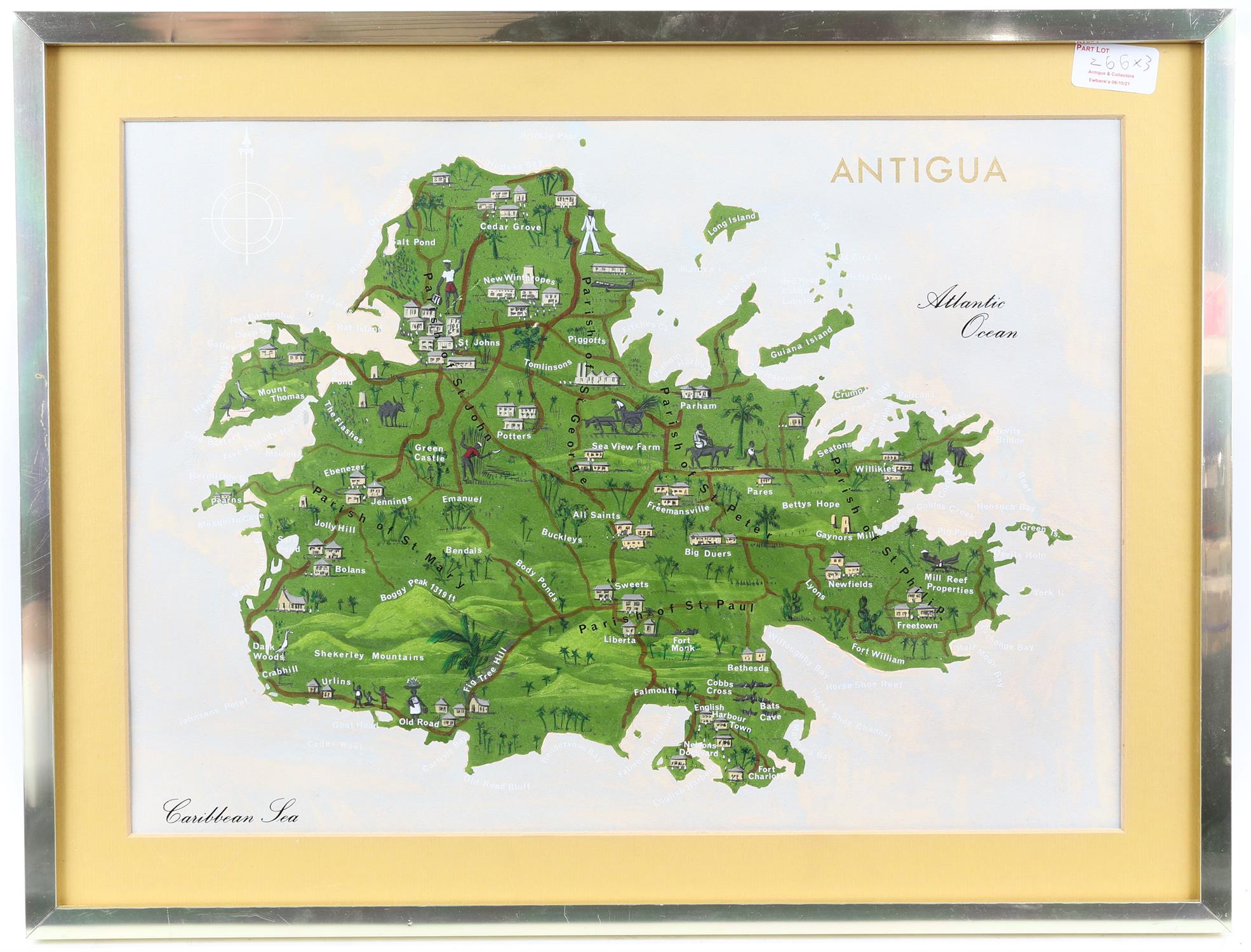 Pair of botanical prints, both framed and glazed. Image size 27 x 19cm each, with a map of Antigua. - Image 2 of 2