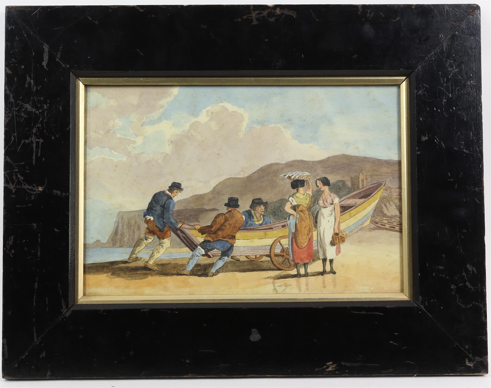 Set of pictures, to include J. Foster, watercolour depicting fishermen taking rowing boat out to