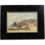 Set of pictures, to include J. Foster, watercolour depicting fishermen taking rowing boat out to