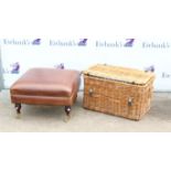Leather ottoman with hinged lid and vacant compartment, turned legs to casters h39cm w66cm d66cm