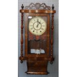 Walnut cased wall clock with inlaid decoration, twin train movement and painted dial with Roman