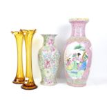 Large Chinese vase with vignettes on pink ground 61cm a modern Chinese vase flowers and foliage,