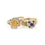Two rings, one set with blue and white paste stones on a bark design band in stamped 9 ct gold,