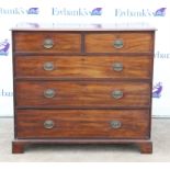 19th century mahogany chest of two short over three long graduating drawers on bracket feet,