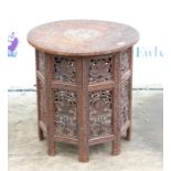 Indian hardwood folding occasional table with pierced foliate interlaced carved decoration 53cm