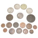 Five Indian silver Rupee coins; 1835, 1901, 1907, 1917 and 1944, along with a selection of other