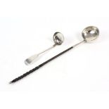 Scottish silver fiddle pattern toddy ladle by JMC Edinburgh 1845, and a silver bowl punch ladle