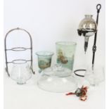 Collection of glassware to include glass vase painted with galleons h23cm and smaller vase with