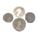 Four Roman coins including a silver denarius