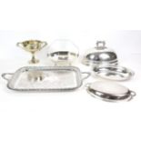 Silver plated tray, entree dish, meat dish cover, twin-handled cup and an octagonal swing-handled