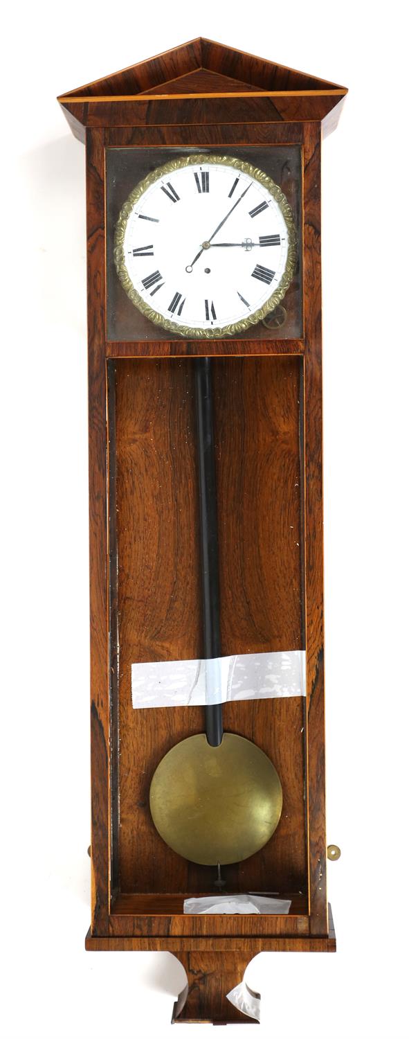 Early 20th century rosewood and boxwood lined wall clock, single chain movement , enamel dial,