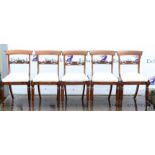 Five 19th century rosewood bar back dining chairs, with cream upholstered drop-in seats,